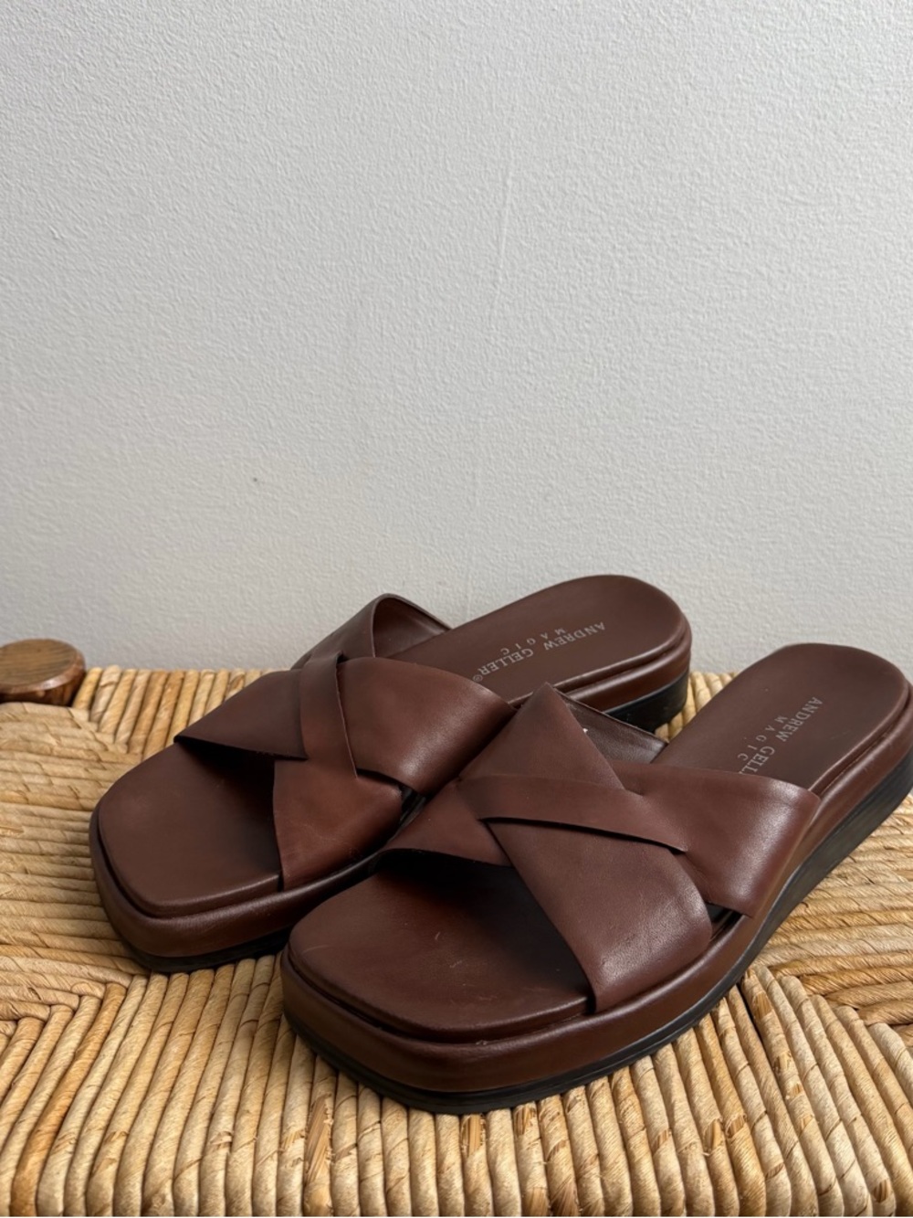 Andrew Geller Leather Cross Strap Slide Sandals Brown Size 8